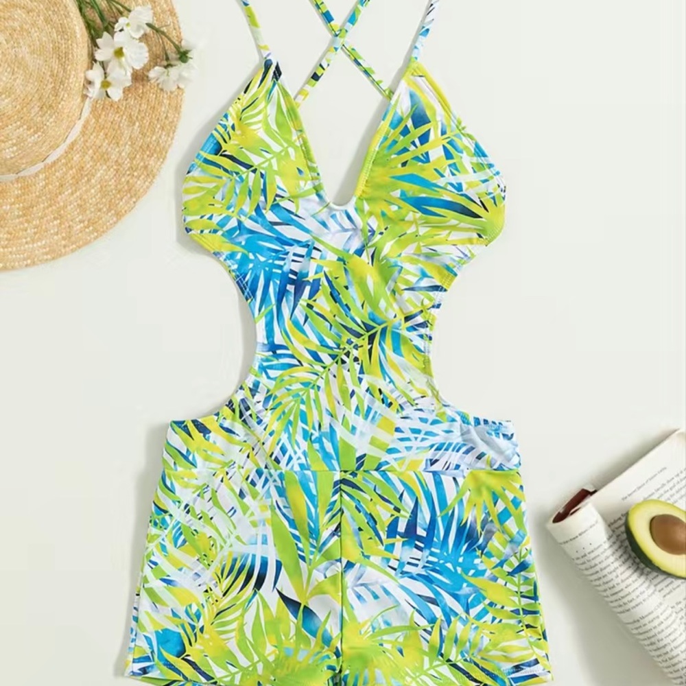 One piece bathing suit. Shorts bathing suit. Green, white and blue. New
